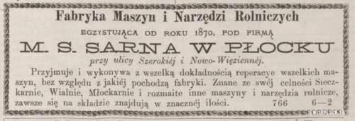 Press advertisement of the M.S. Sarna Agricultural Machines and Tools Factory